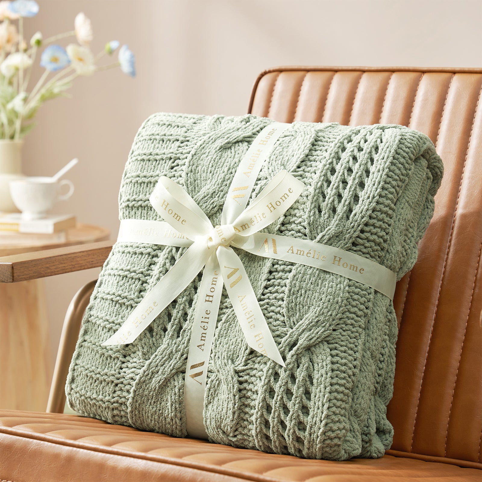 Cable chenille knit throw blanket in Sage Green folded with ribbon perfect for gifting #color_Sage Green
