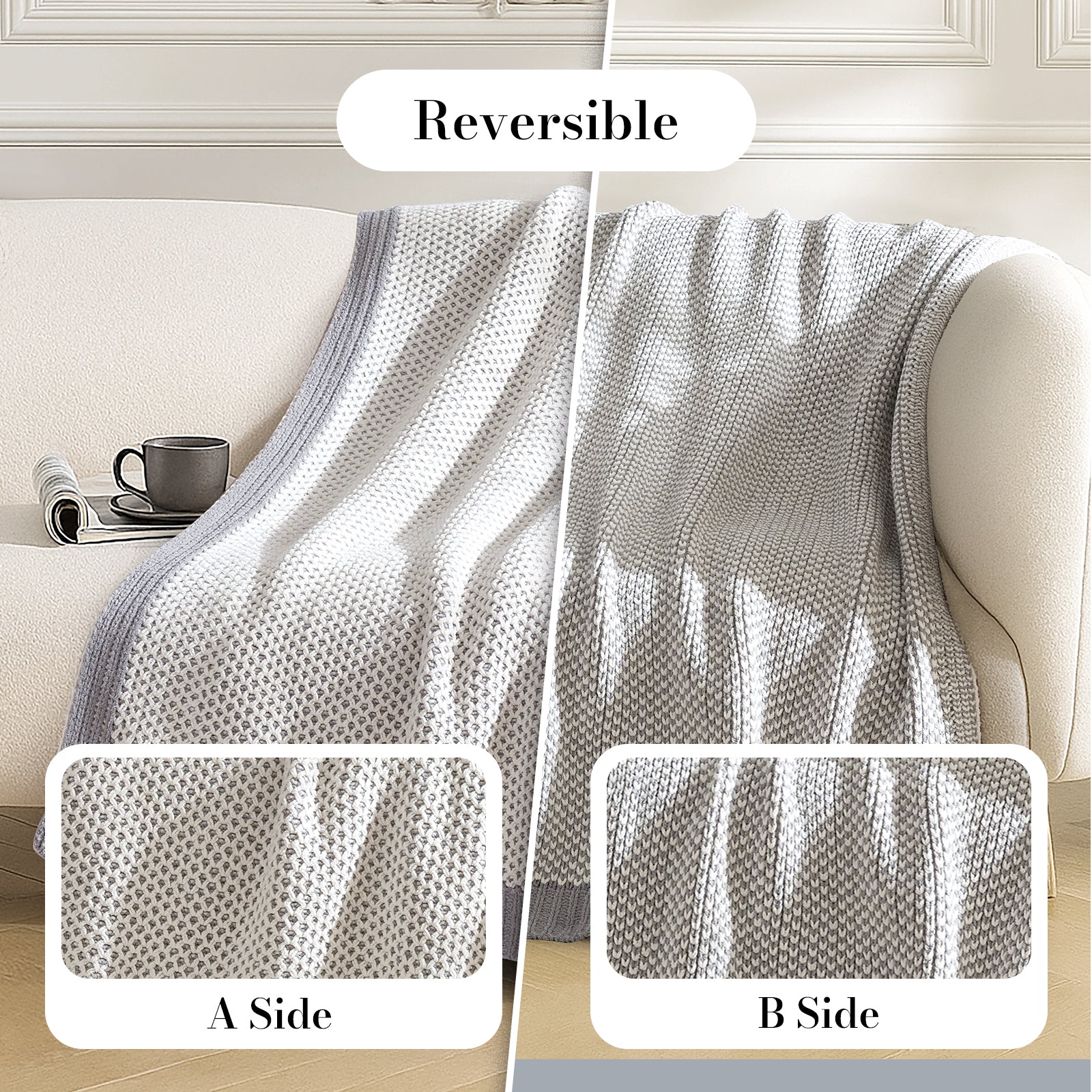 Reversible blanket on a sofa with two different patterns labeled A Side and B Side. #color_Gray&White