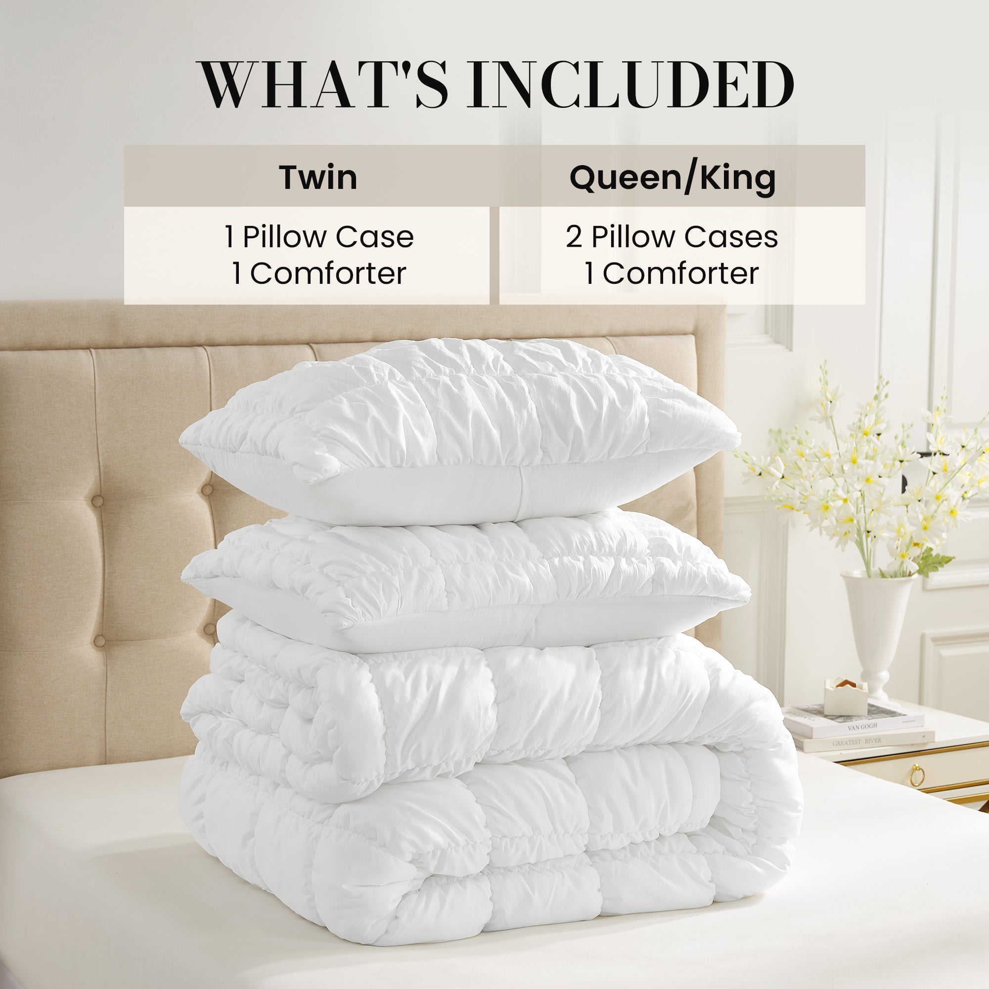 Snuggle Sac All-Season Bubble Comforter Set on bed with different sizes included#color_Ivory