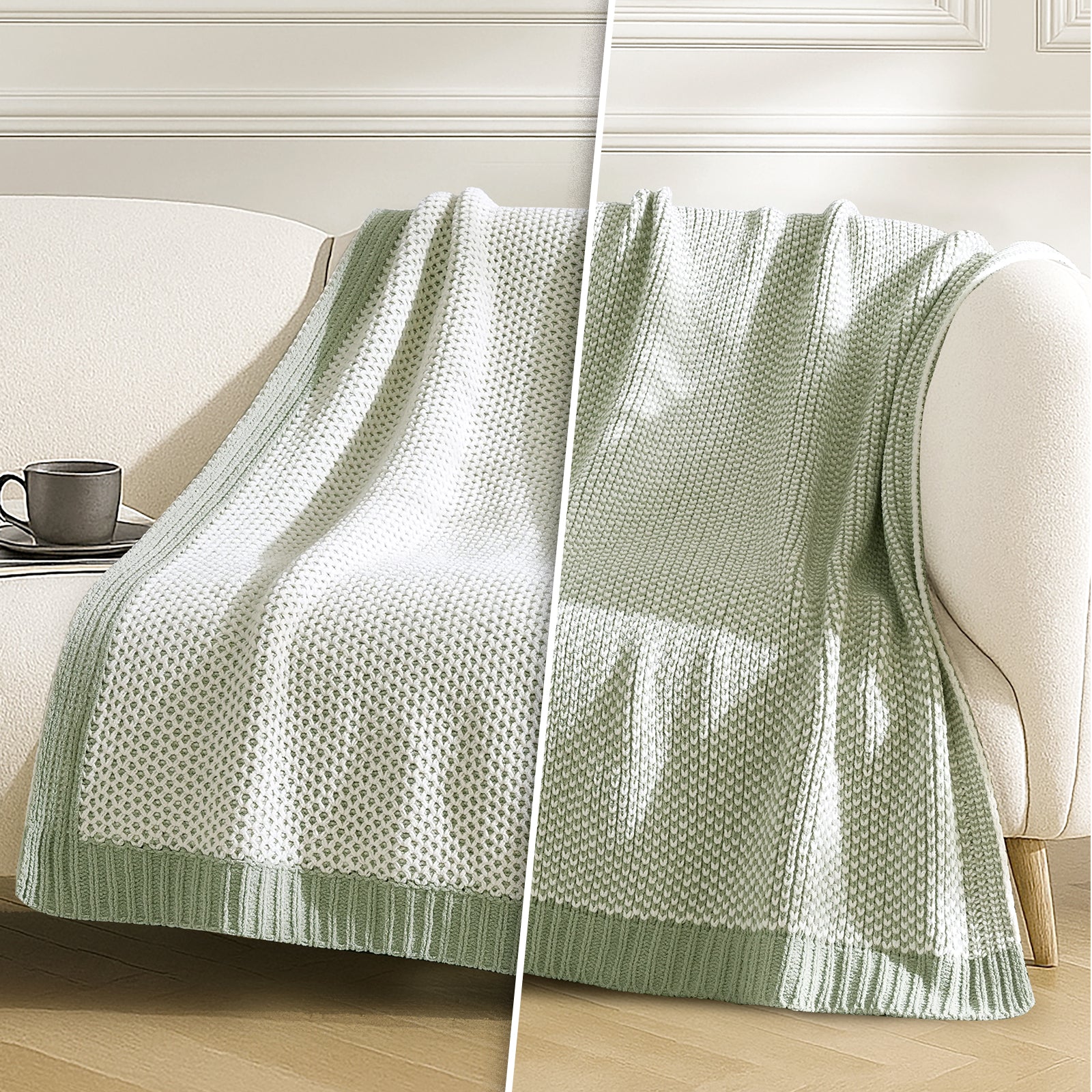 Reversible two tone chenille knit throw blanket in Sage Green showing A side and B side texture #color_Sage Green