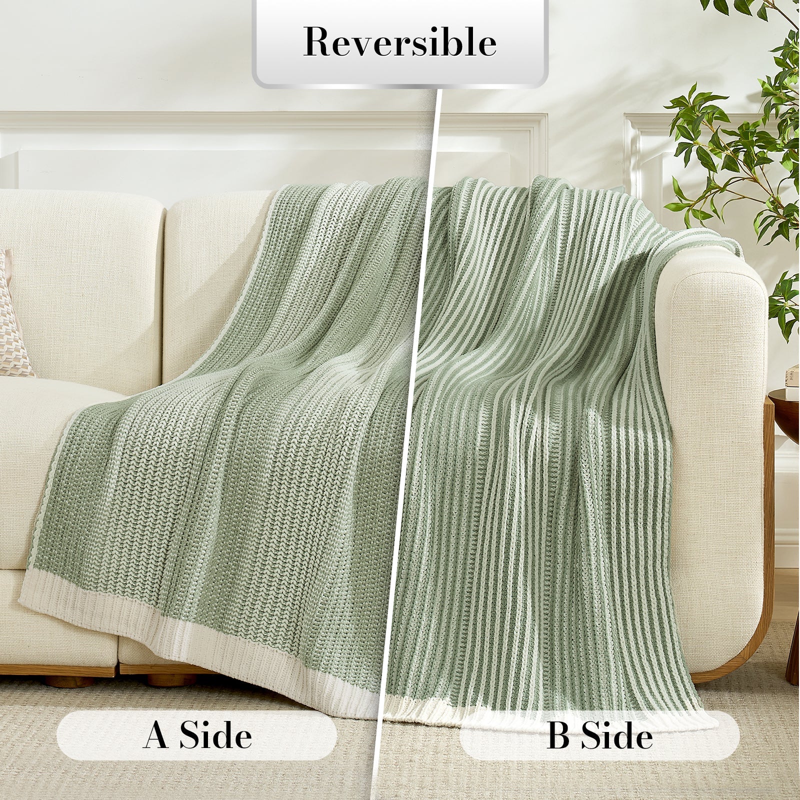 Snuggle Sac green reversible blanket shown on a couch with 'A Side' and 'B Side'  #color_Two-tone Green