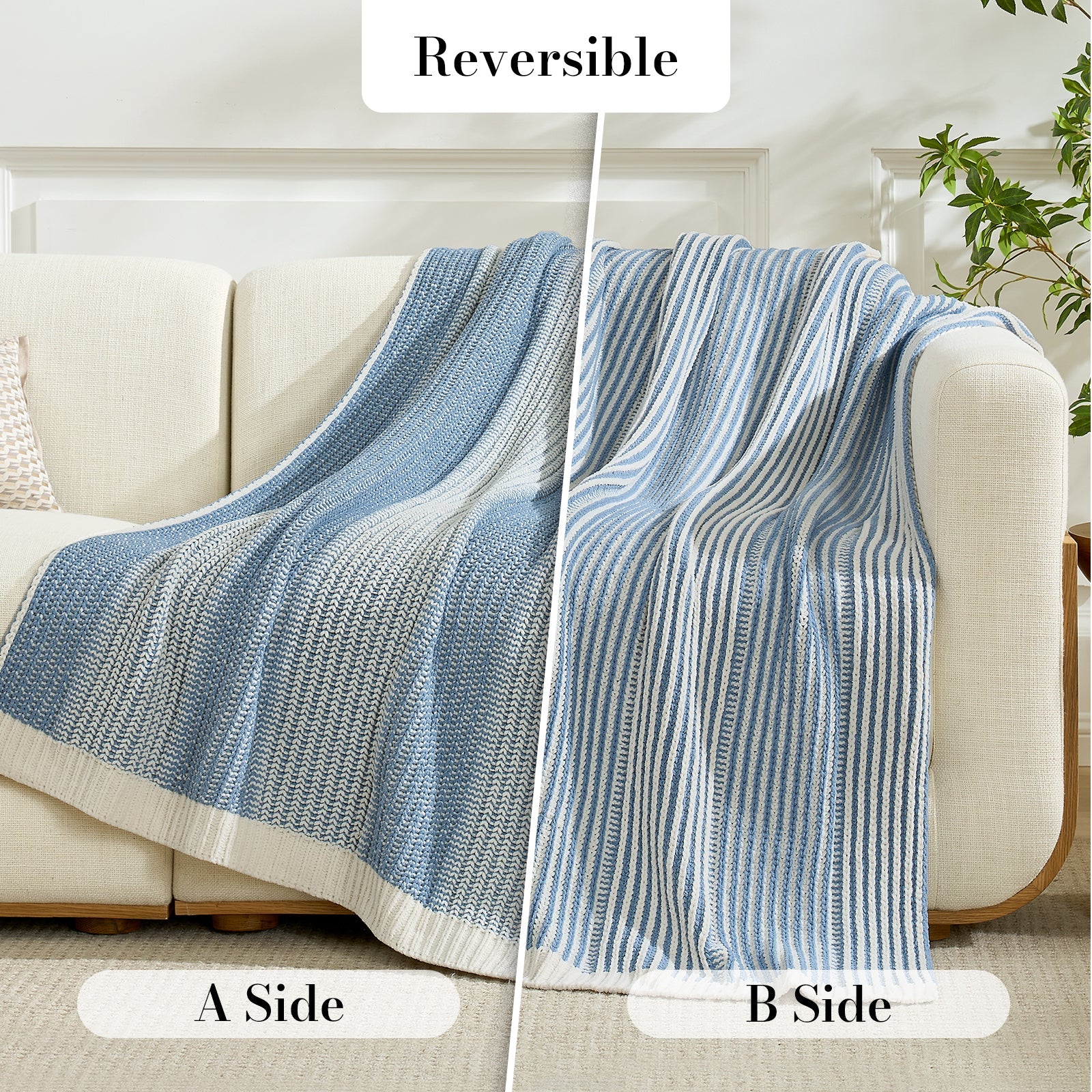 Reversible blue and white striped blanket on a sofa with 'A Side' and 'B Side' labels. #color_Two-tone Blue