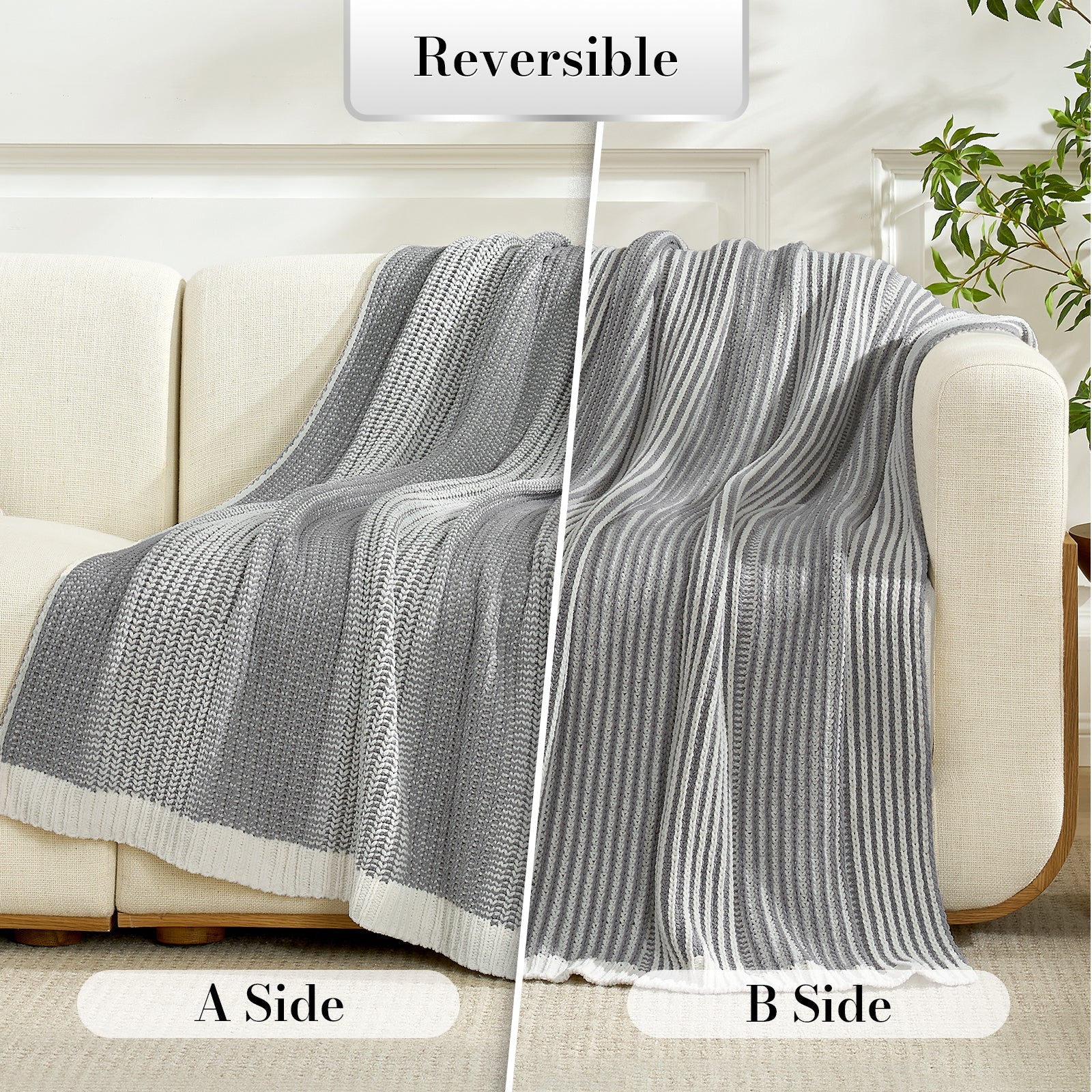 Grey and white reversible blanket shown on a couch with 'A Side' and 'B Side' labels. #color_Two-tone Grey