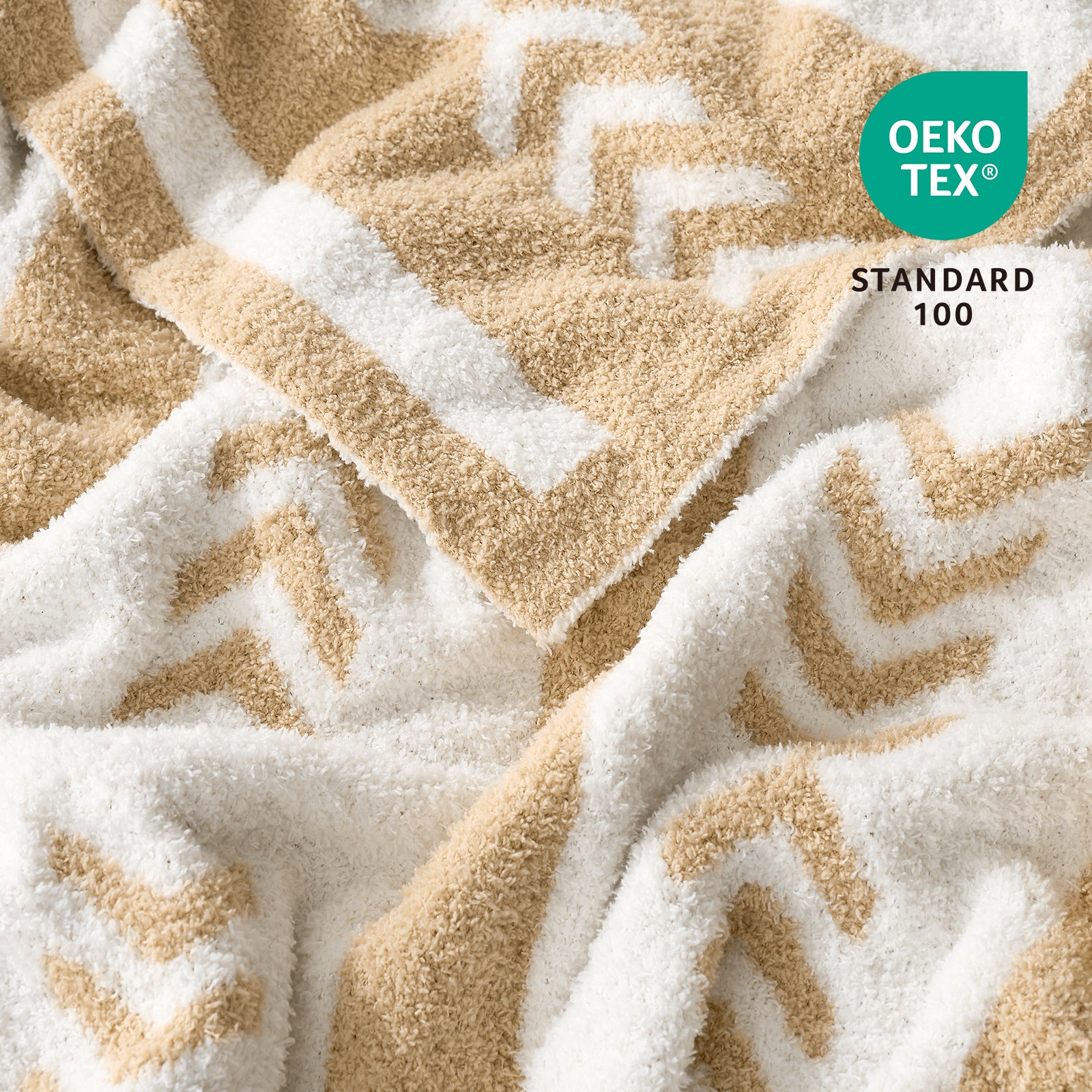 Close up of Snuggle Sacs Reversible Boho Feather Yarn Knit Throw Blanket with OEKO-TEX Certificate#color_beige