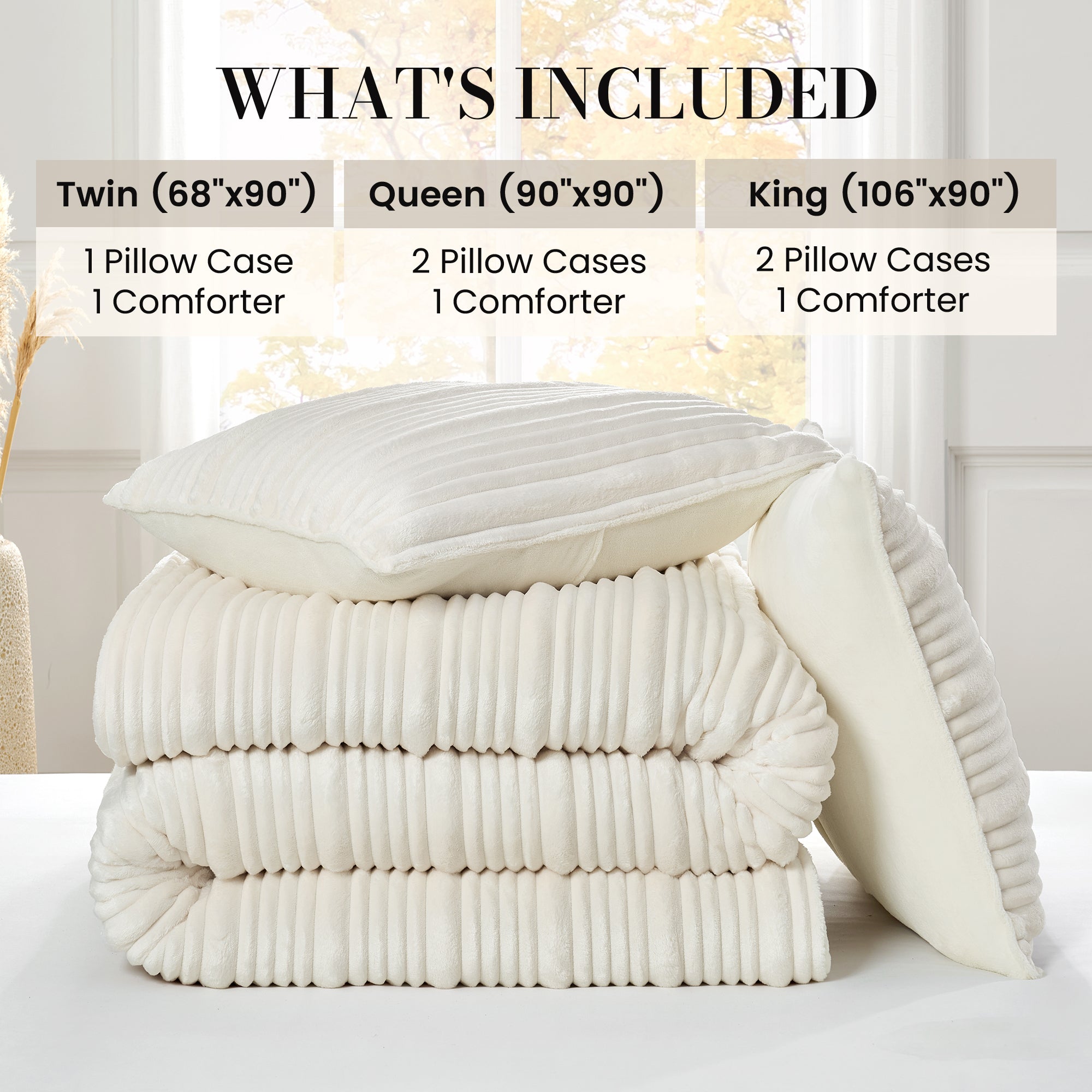 Snuggle Sac Winter Striped Flannel Fleece Comforter Set on bed with different sizes#color_Ivory