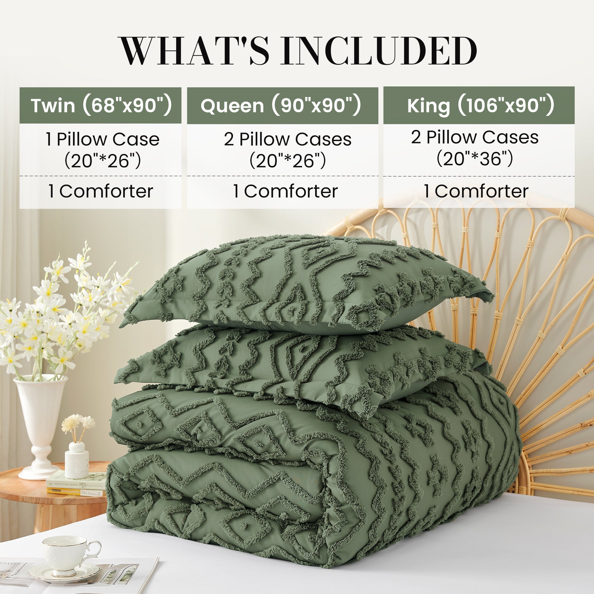 Folded Snuggle Sac All-Season Boho Deluxe Embroidery Comforter Set, showin different sizes#color_Oliver Green