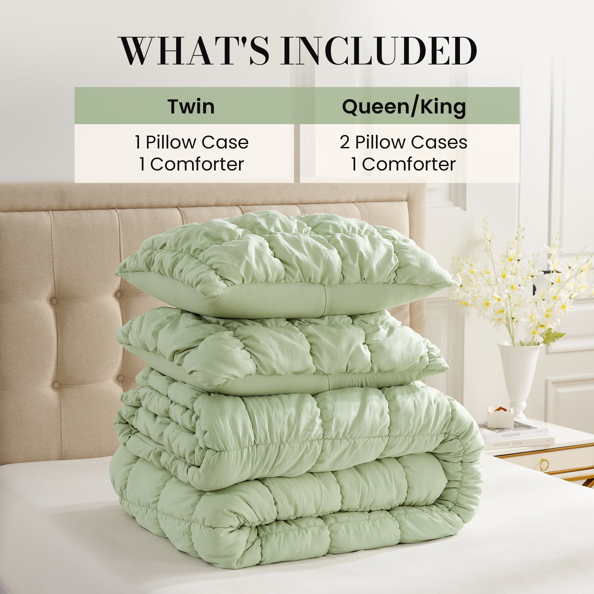 Snuggle Sac All-Season Bubble Comforter Set on bed with different sizes included#color_Sage Green