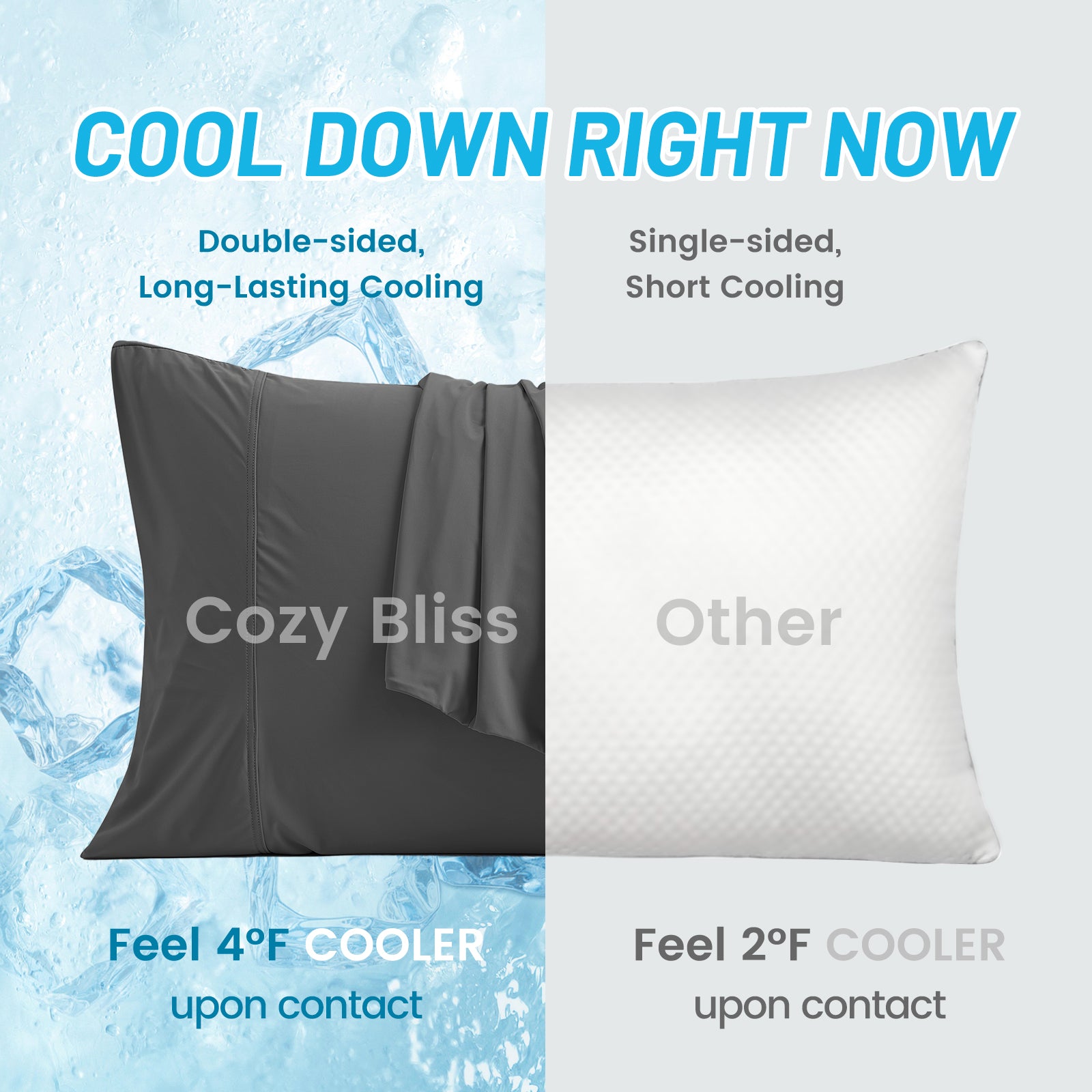 Two pillows with text about cooling effects on a blue background#color_Charcoal Grey