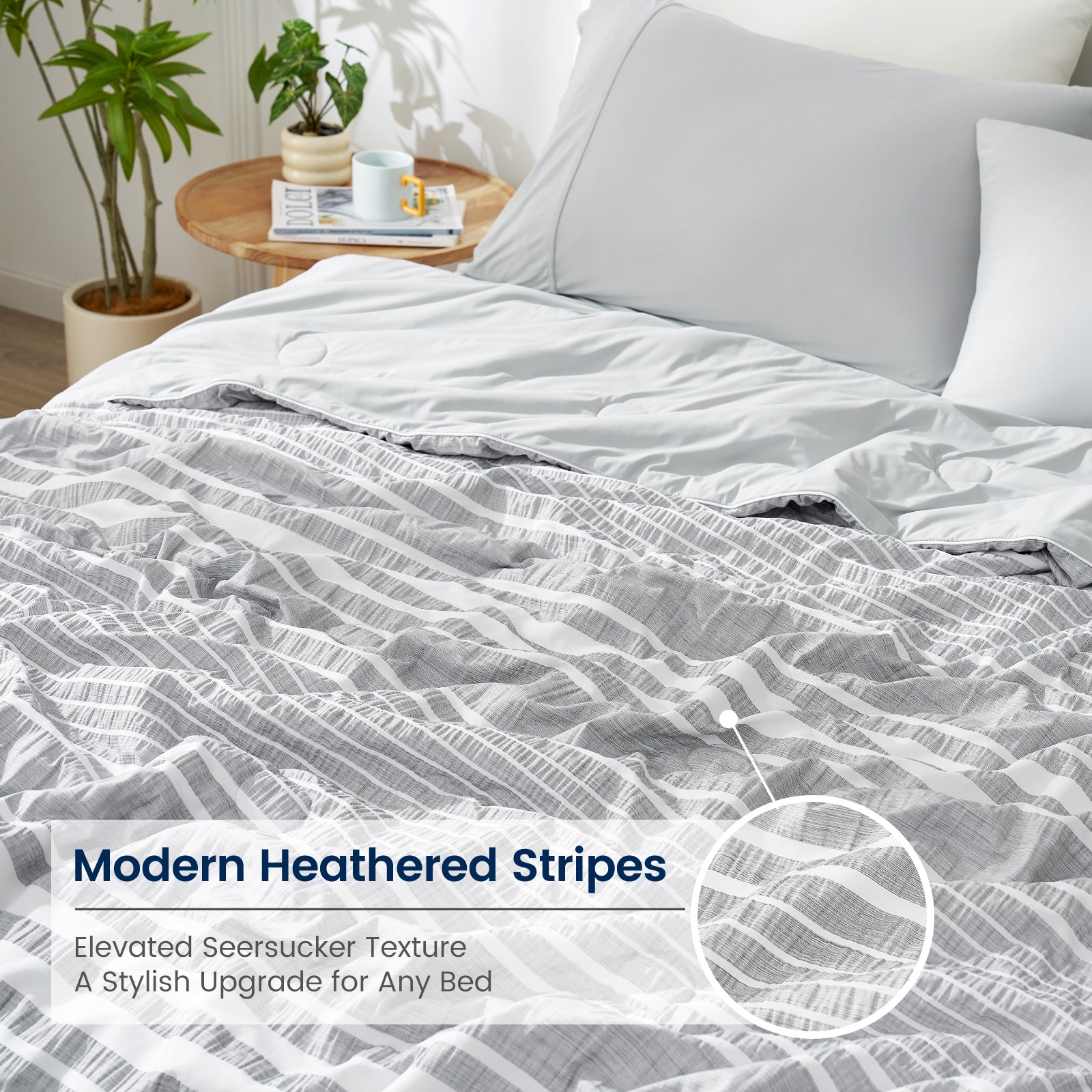 Snuggle Sac striped seersucker cooling comforter in Light Grey showcasing elevated textured pattern #color_Light Grey
