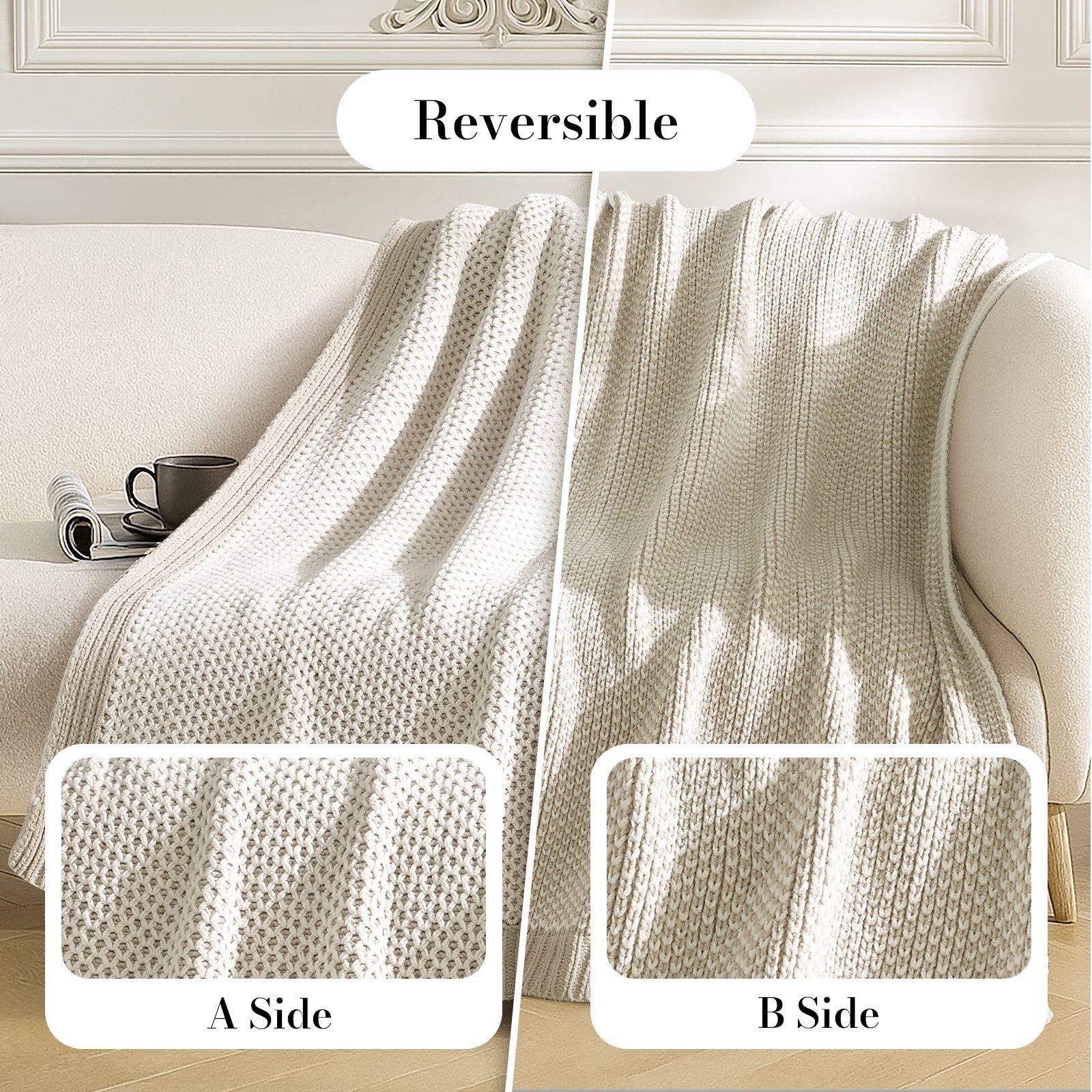 Reversible blanket on a sofa with two color swatches labeled A Side and B Side. #color_Khaki&White