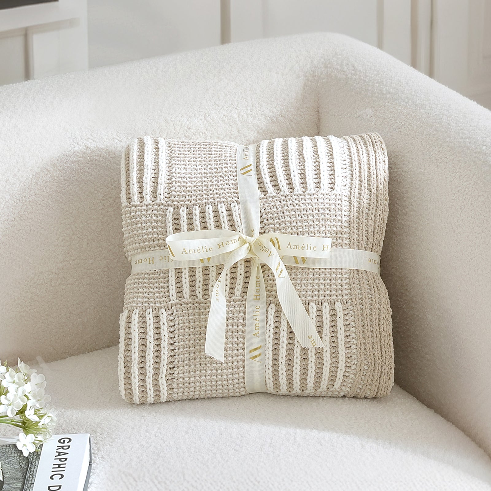 Snuggle Sac two tone checkered chenille knit throw blanket in Khaki folded with ribbon perfect for gifting #color_Khaki