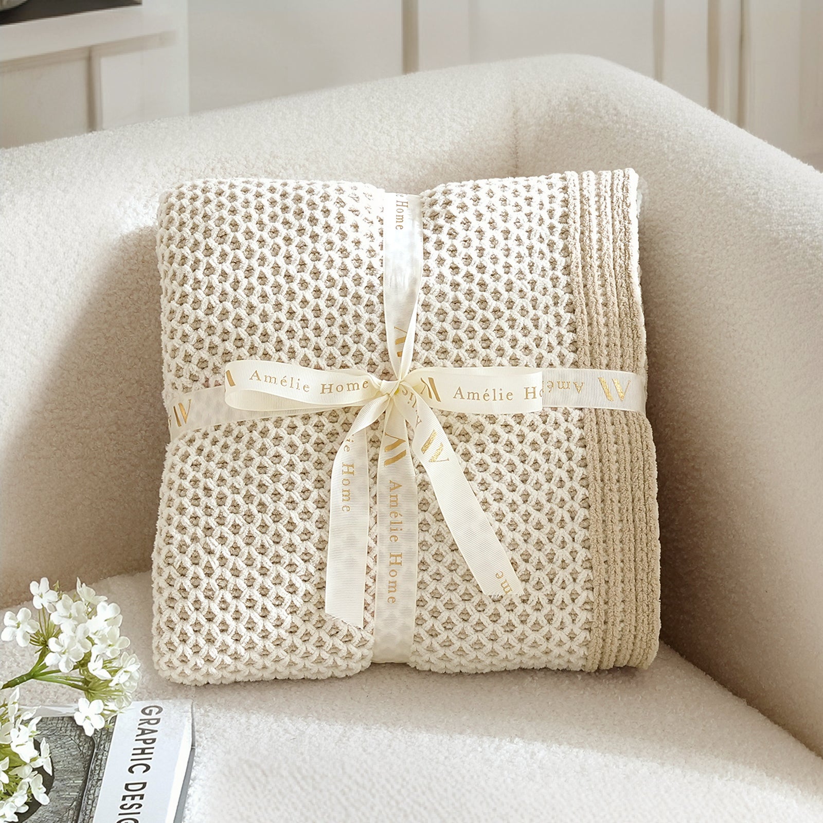 Two tone honeycomb chenille knit throw blanket in Khaki folded with ribbon perfect for gifting #color_Khaki