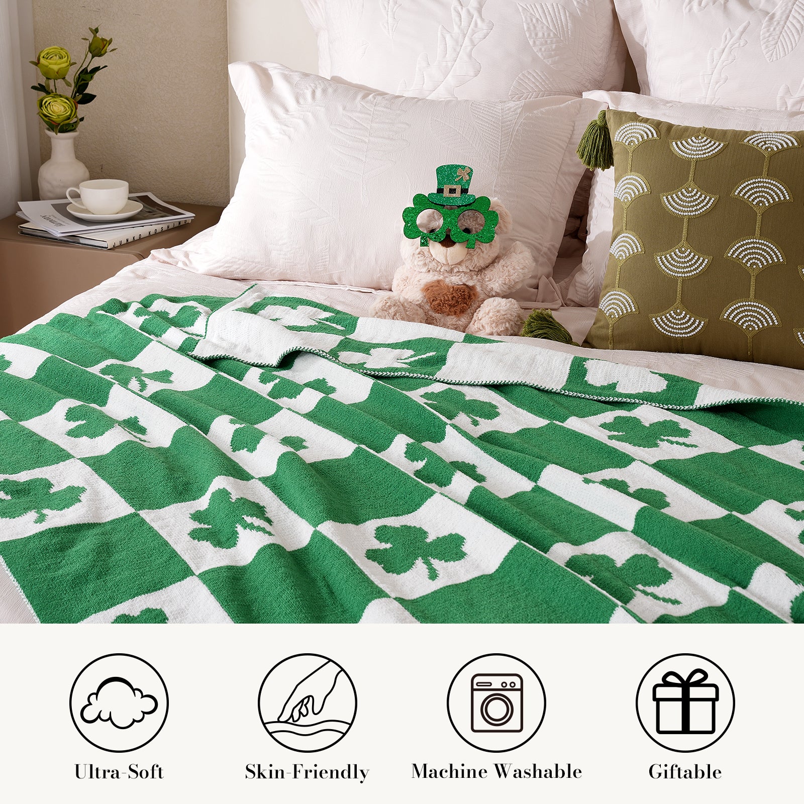 SnugCozy Lucky Shamrock Chenille Knit Throw Blanket