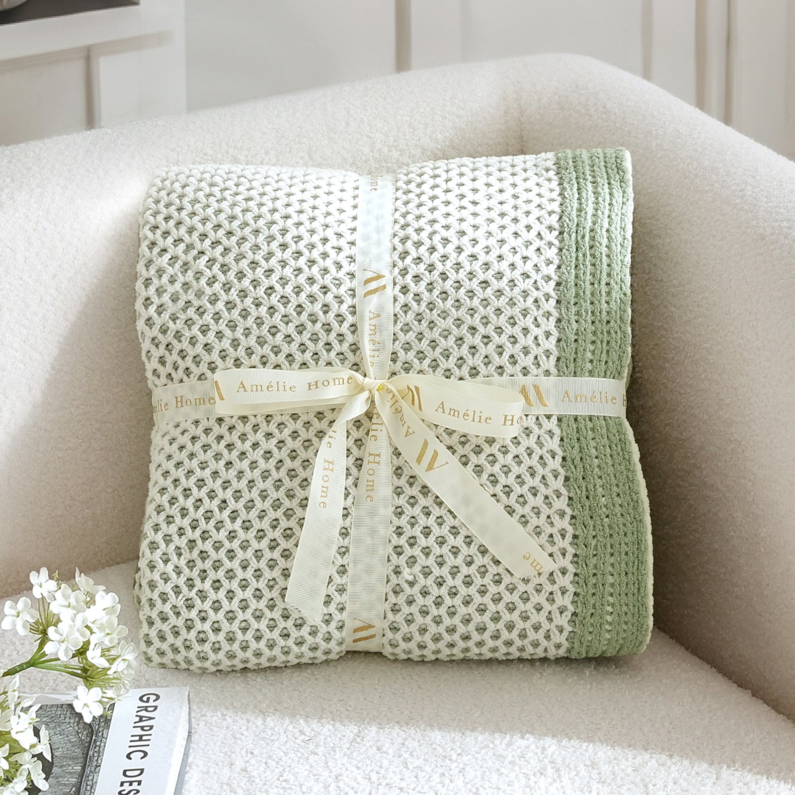 Snuggle Sac two tone honeycomb chenille knit throw blanket in Sage Green folded with ribbon perfect for gifting #color_Sage Green