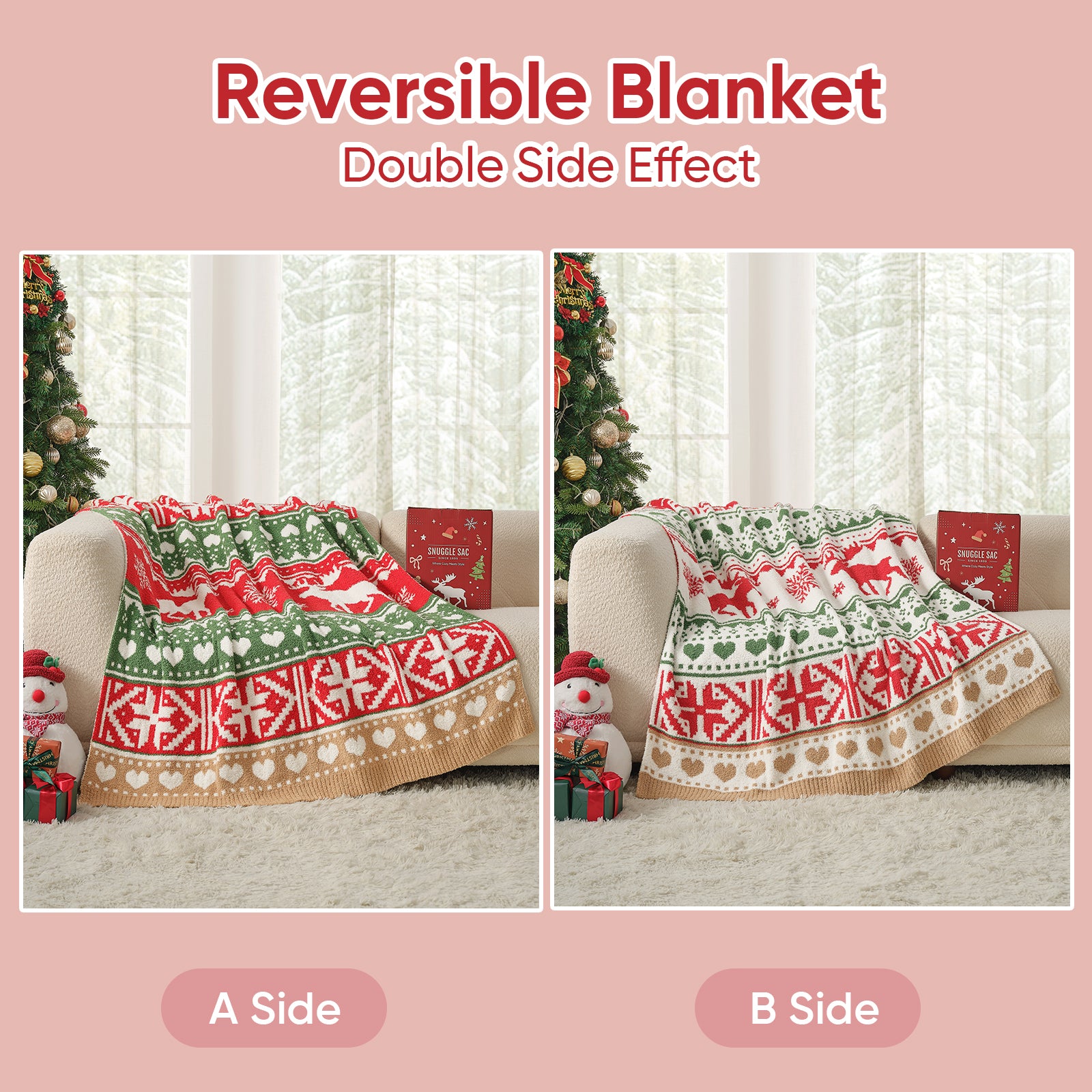 Reversible Fairy Isle Reindeer Christmas Throw Blanket
