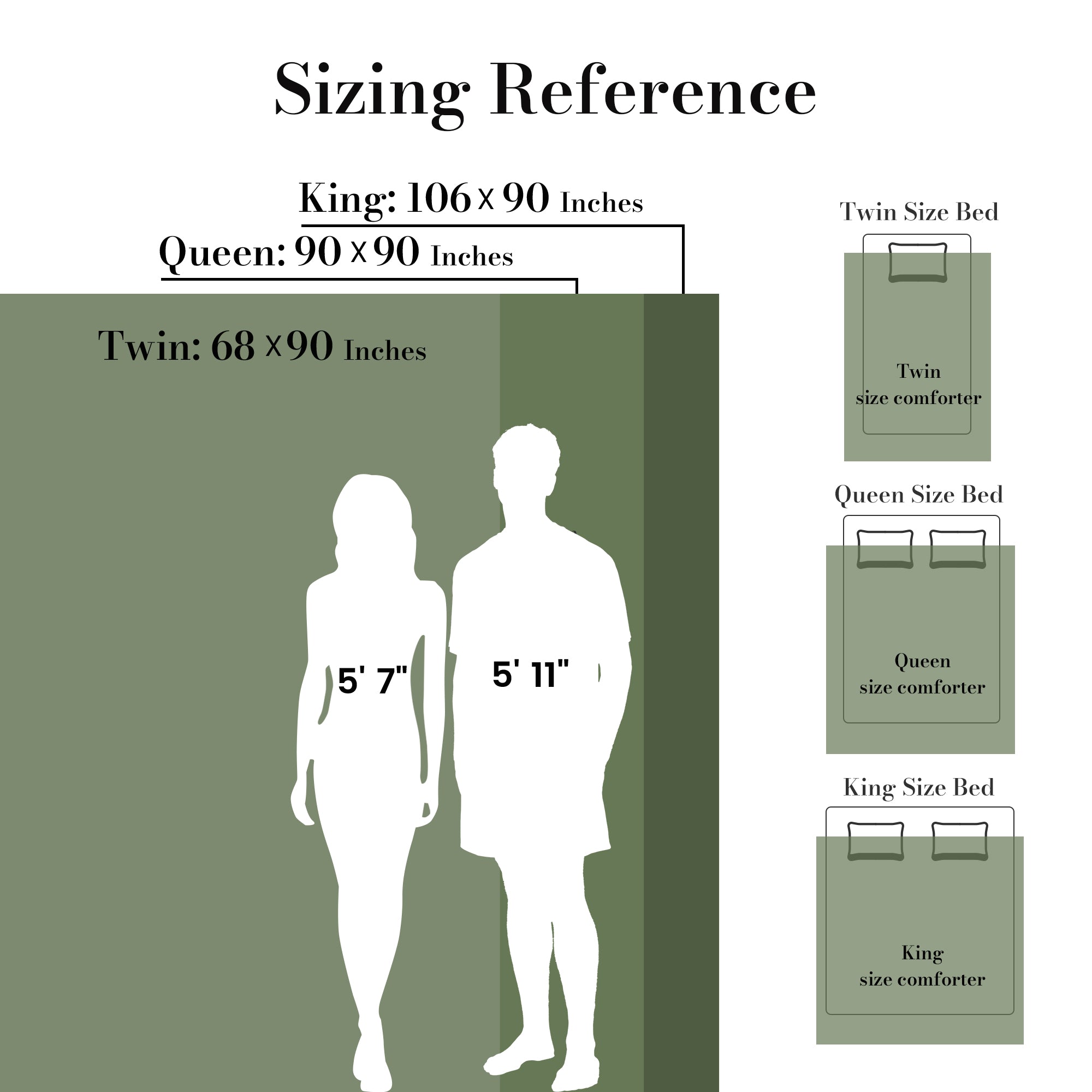 Two peple with different height standing as a reference to the different bedding sizes of Snuggle Sac Cooling comforter#color_Oliver Green