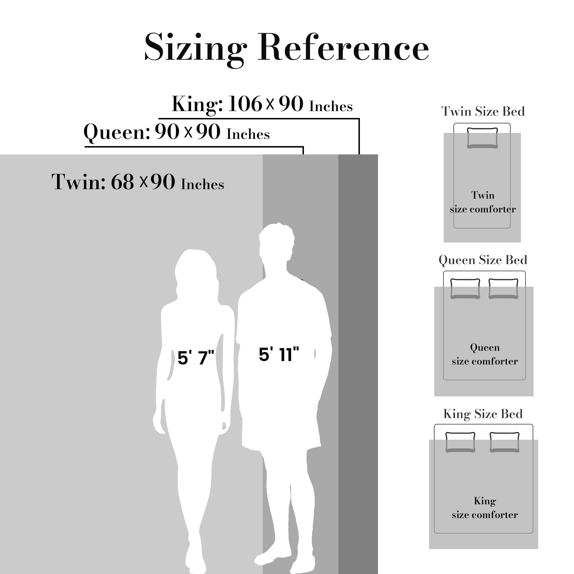 Two peple with different height standing as a reference to the different bedding sizes of Snuggle Sac Cooling comforter#color_Dark Grey