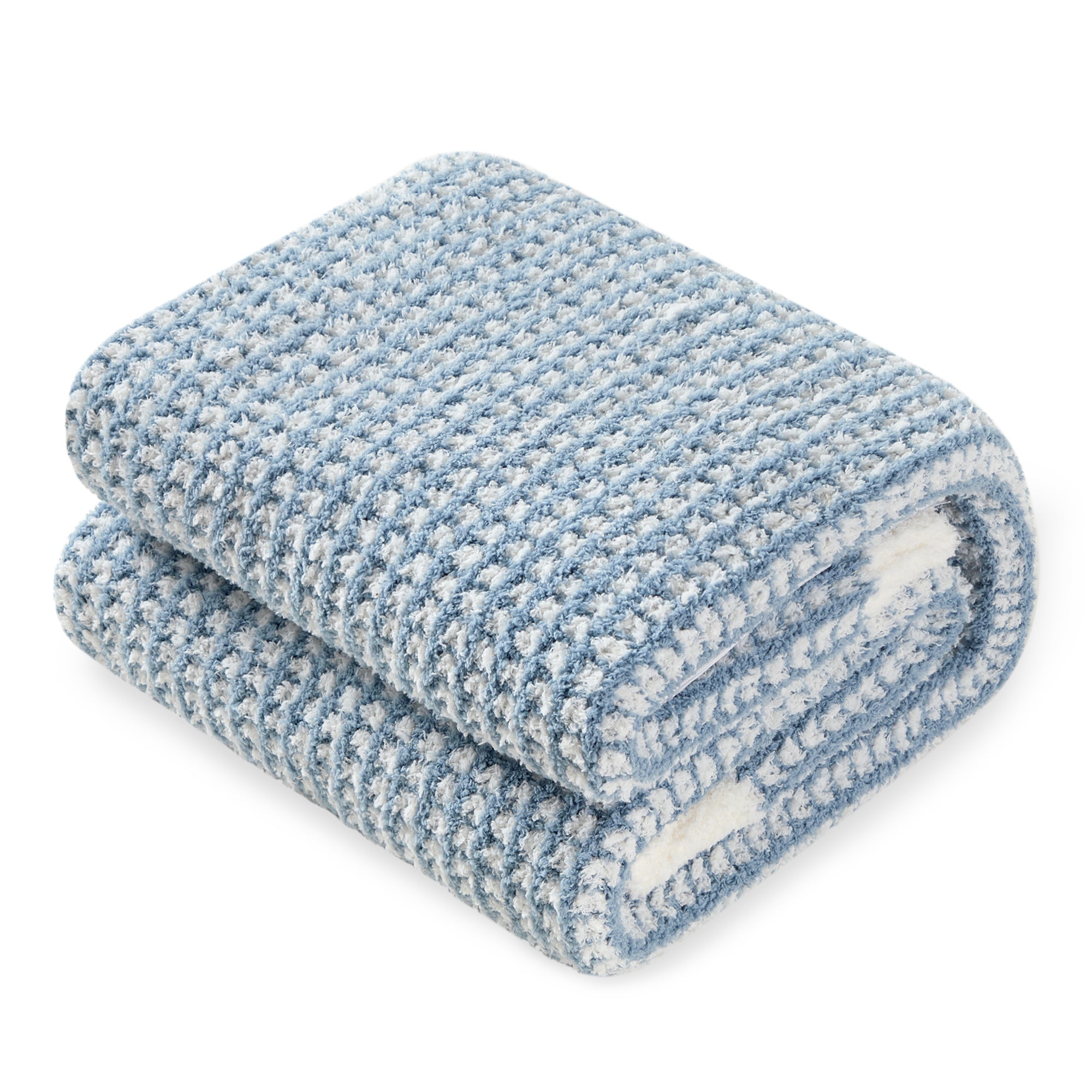 Folded Soft Waffle Feather Yarn Knit Throw Blanket with a white background#color_Cream/Blue