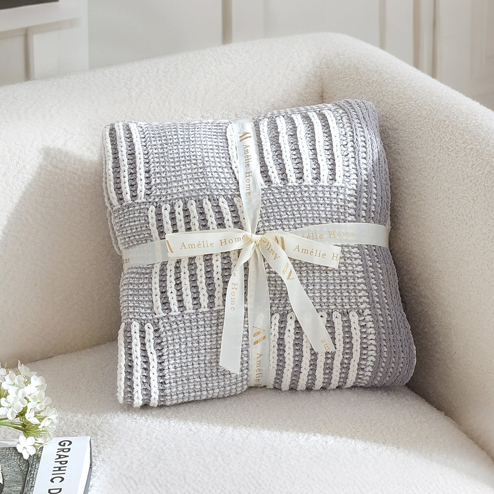 Snuggle Sac two tone checkered chenille knit throw blanket in Gray folded with ribbon perfect for gifting #color_Gray