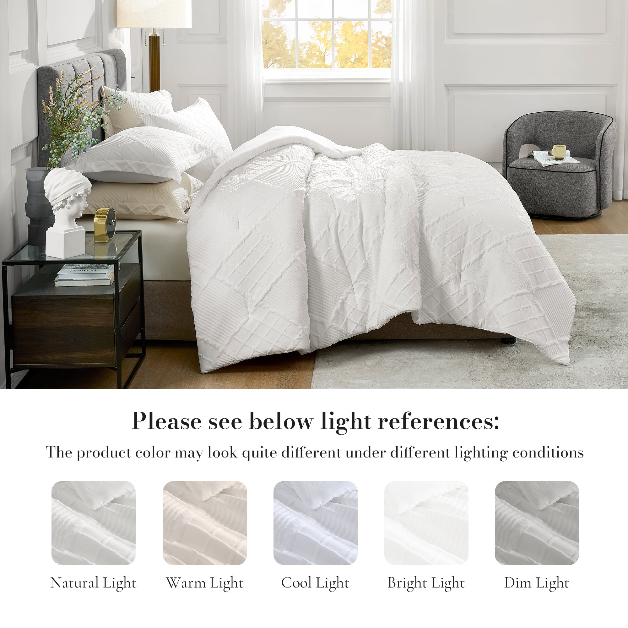 Snuggle Sac Cooling comforter set on the bed showing different lighting references#color_Off White