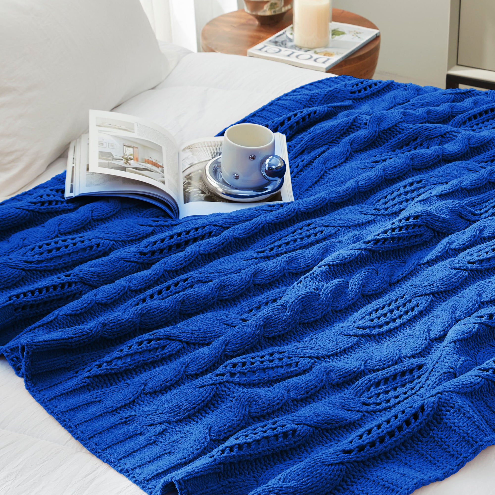 Close up of cable chenille knit throw blanket in Navy Blue showcasing soft cable knit texture #color_Navy Blue