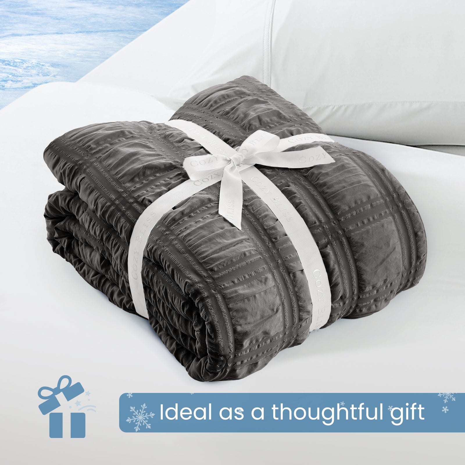 Folded Snuggle Sac dark grey comforter with white ribbon,perfect as gift.#color_Dark Grey