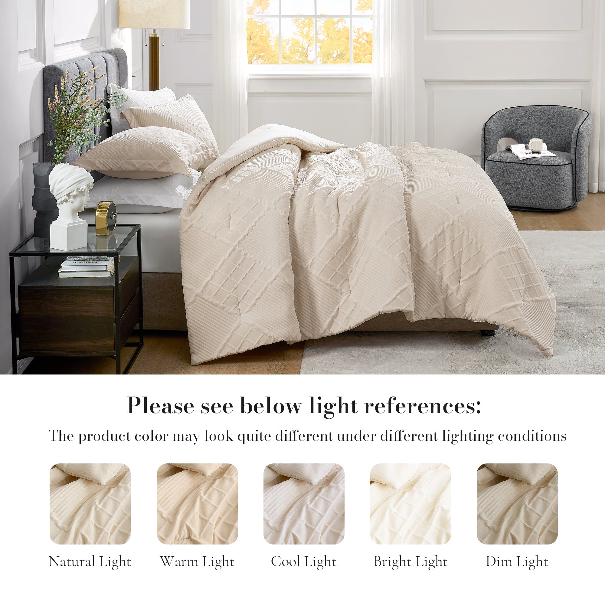 Snuggle Sac Cooling comforter set on the bed showing different lighting references#color_Beige