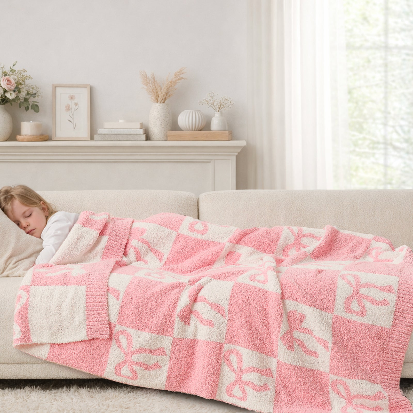 SnugCozy Reversible Checkered Bow Feather Yarn Knit Throw Blanket