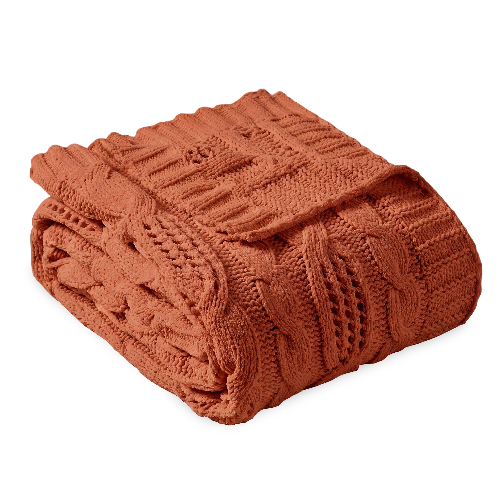 Snuggle Sac cable chenille knit throw blanket in Burnt Orange folded front view #color_Burnt Orange