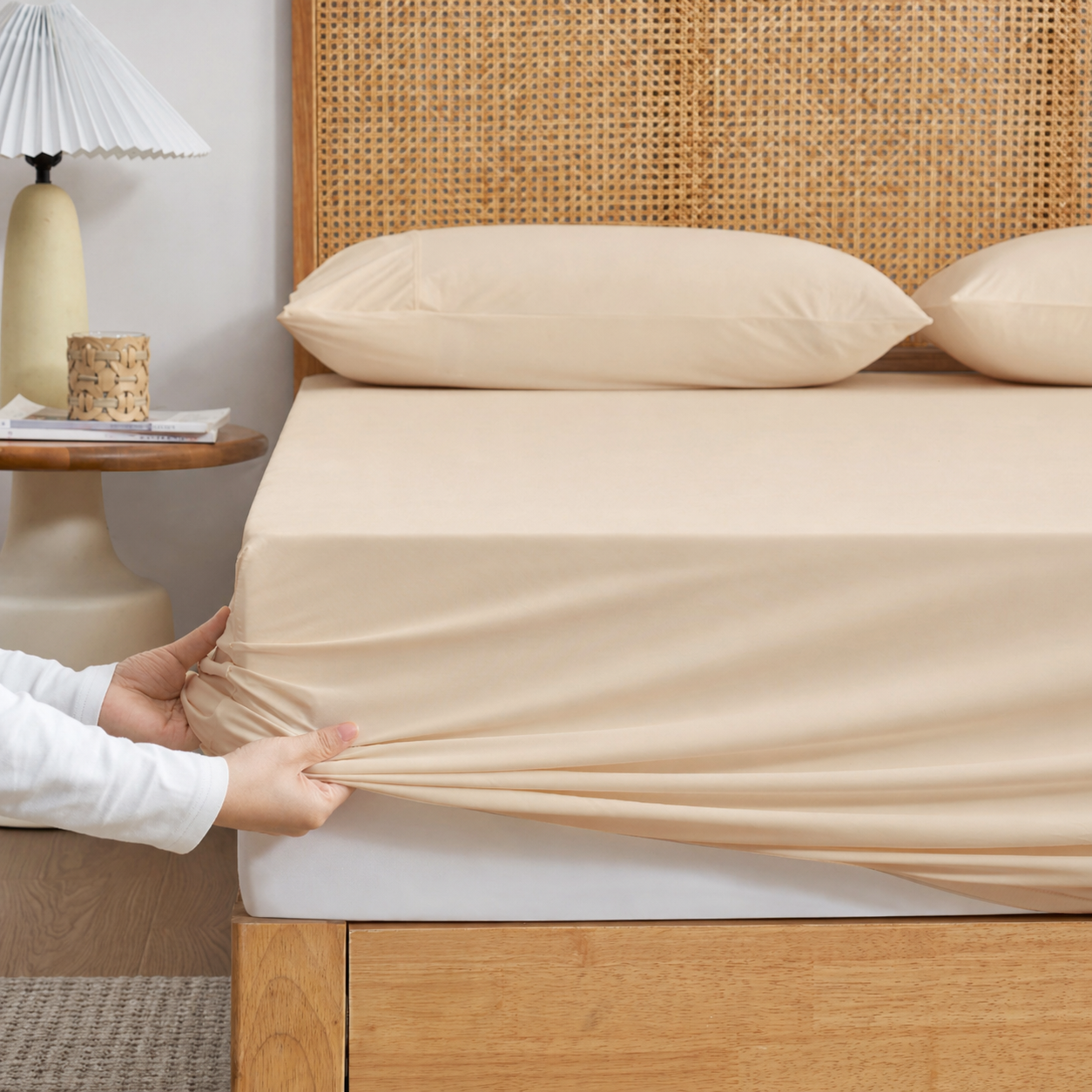 Snuggle Sac Khaki-colored cooling fitted sheet set with pillowcases front view. #Color_Khaki