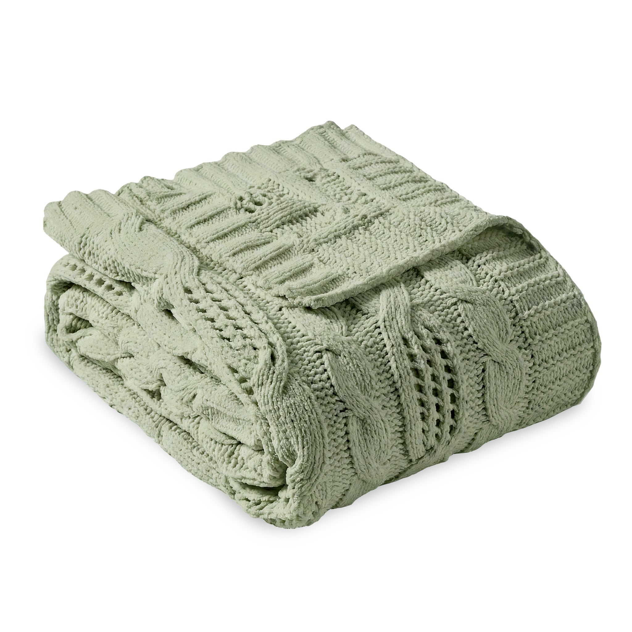 Snuggle Sac cable chenille knit throw blanket in Sage Green folded front view #color_Sage Green