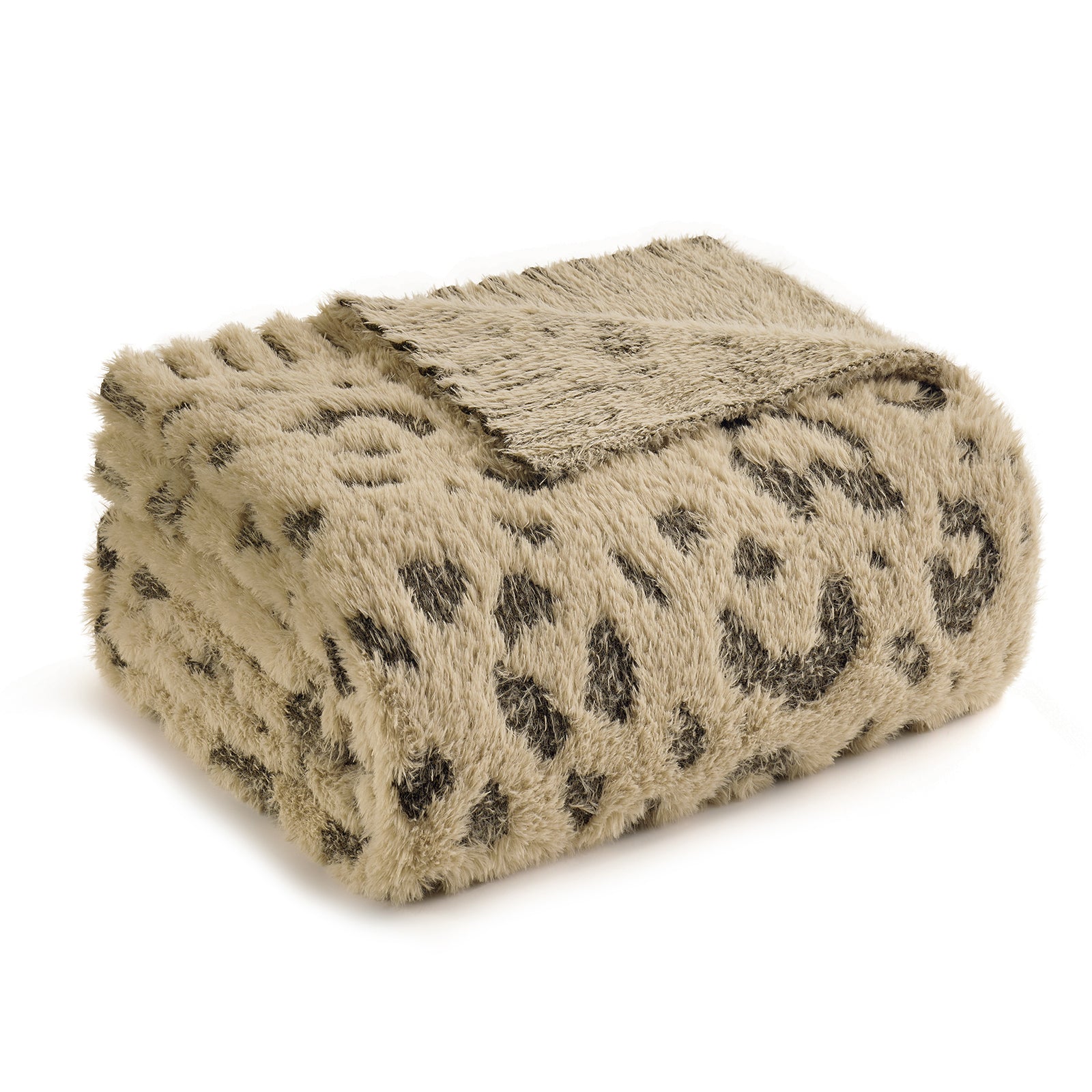 Snuggle Sac leopard faux fur knit throw blanket in Brown Leopard folded front view #color_Brown Leopard